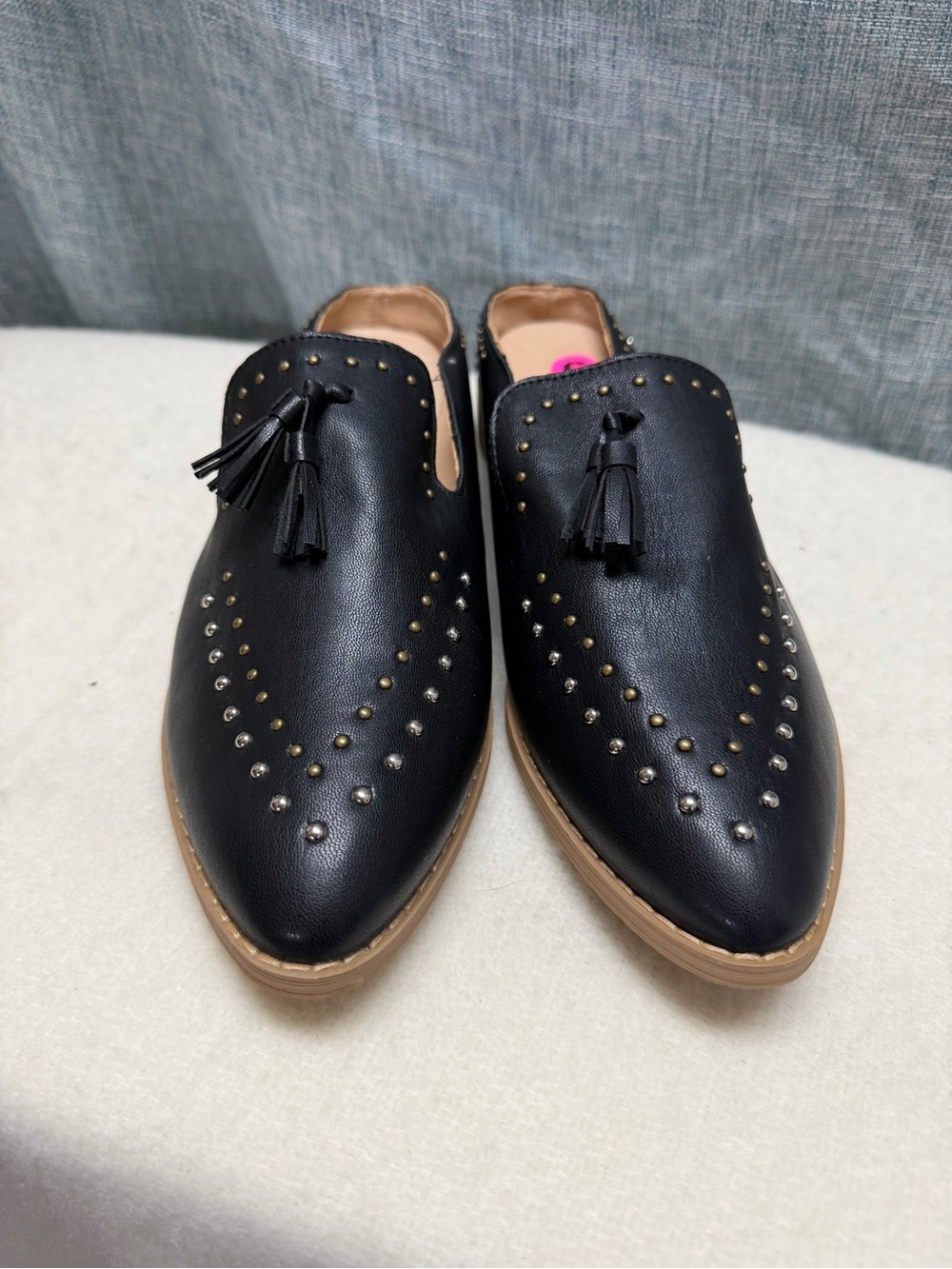 Oasis Black Slip-On Mules with Tan Soles